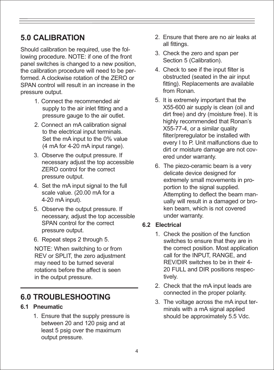 0 calibration, 0 troubleshooting | Ronan X55-600 Series User Manual | Page 6 / 24