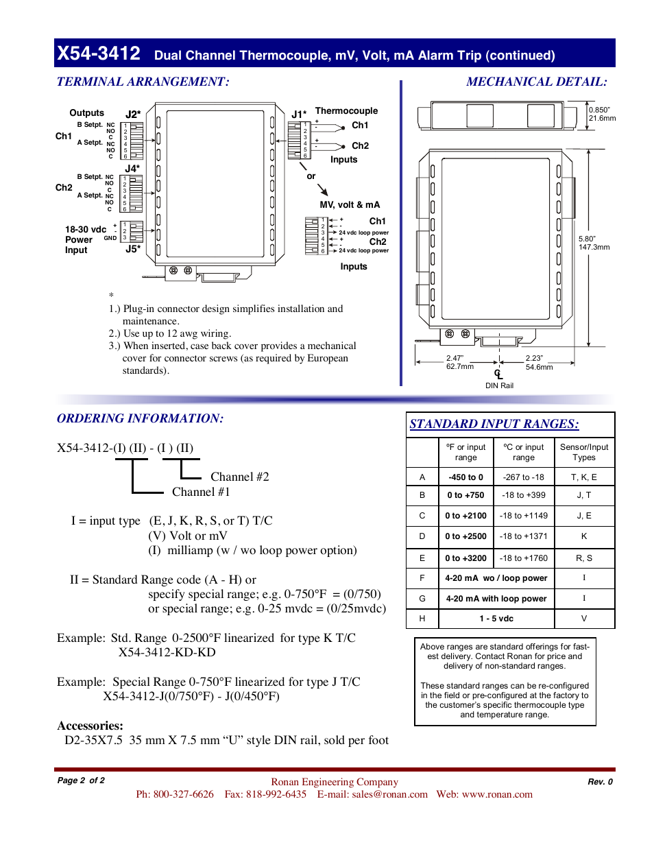Terminal arrangement, Standard input ranges | Ronan X54-3412 User Manual | Page 2 / 2