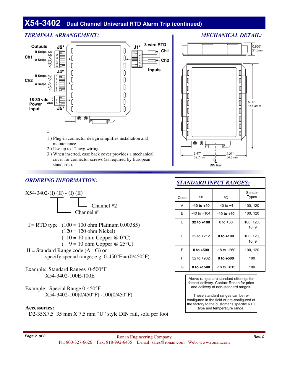 Terminal arrangement, Standard input ranges | Ronan X54-3402 User Manual | Page 2 / 2