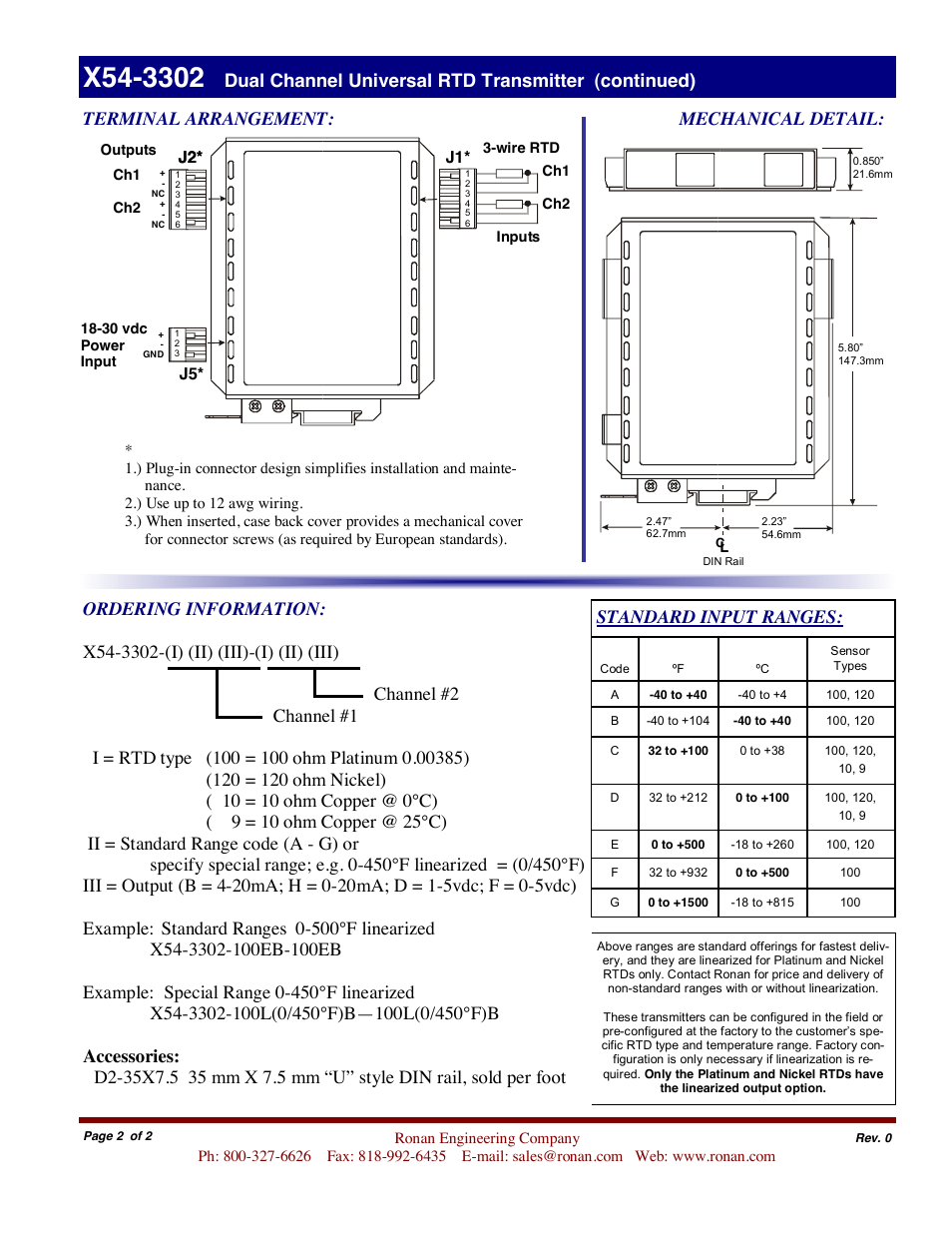 Terminal arrangement, Standard input ranges, J2* j5* j2* j1 | Ronan X54-3302 User Manual | Page 2 / 2