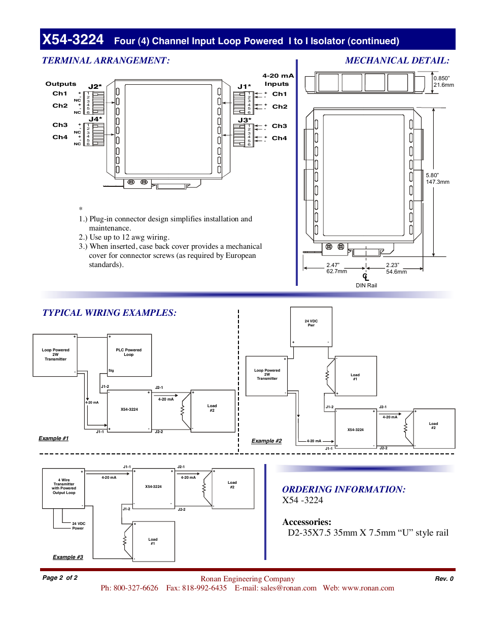 Typical wiring examples, Terminal arrangement | Ronan X54-3224 User Manual | Page 2 / 2