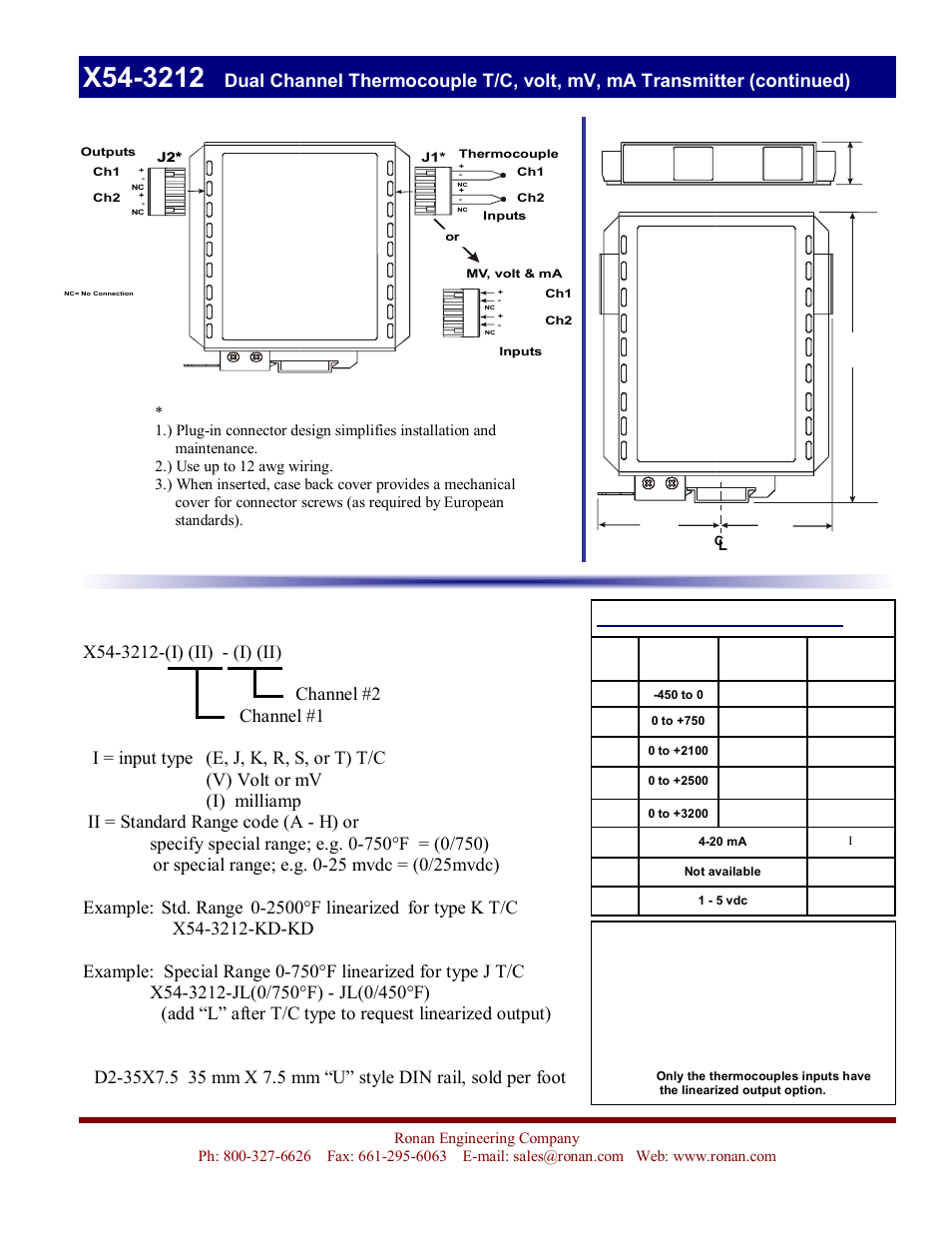 Terminal arrangement, Standard input ranges | Ronan X54-3212 User Manual | Page 2 / 2