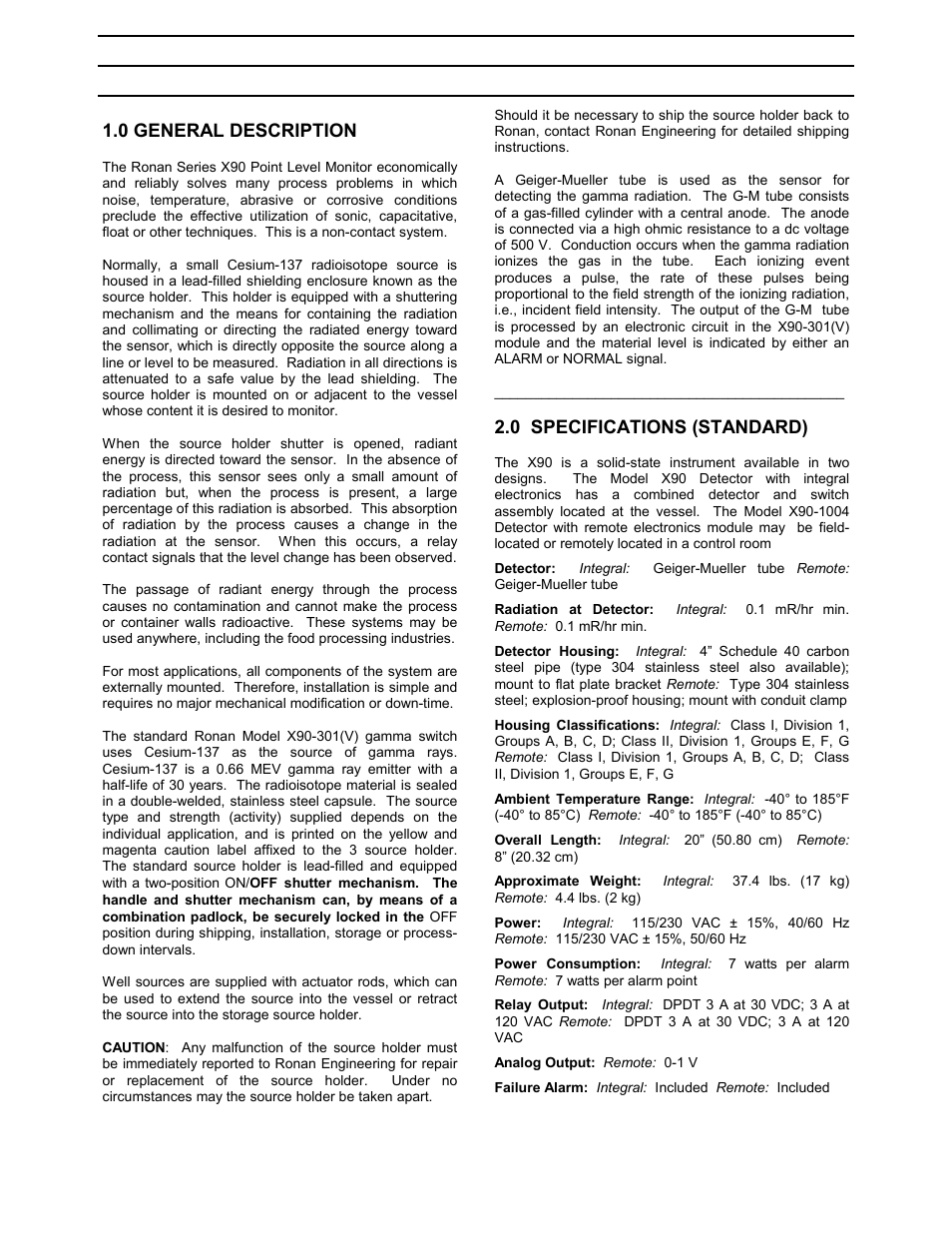 0 general description, 0 specifications (standard) | Ronan X90 Series User Manual | Page 3 / 20