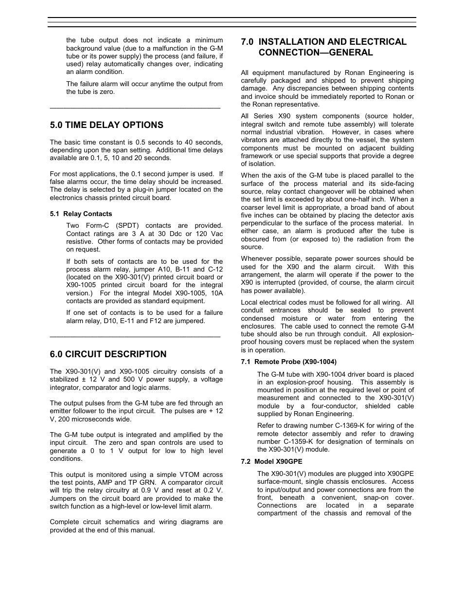 0 time delay options, 0 circuit description, 0 installation and electrical connection—general | Ronan X90 Series User Manual | Page 5 / 20