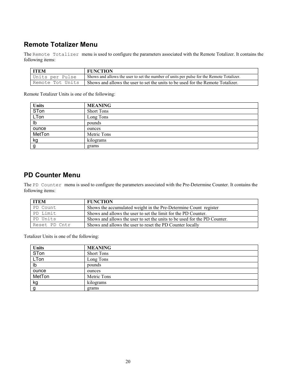 Remote totalizer menu, Pd counter menu | Ronan X96S WEIGH SCALE User Manual | Page 24 / 68