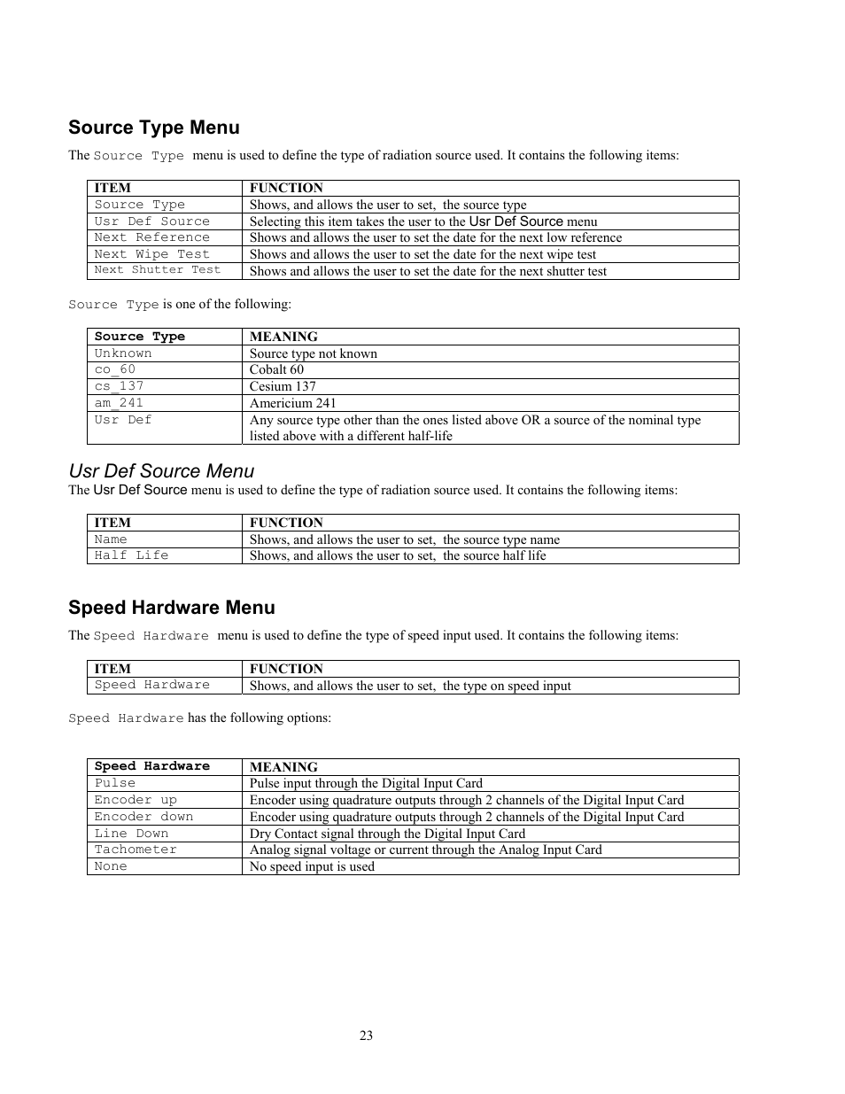 Source type menu, Usr def source menu, Speed hardware menu | Ronan X96S WEIGH SCALE User Manual | Page 27 / 68