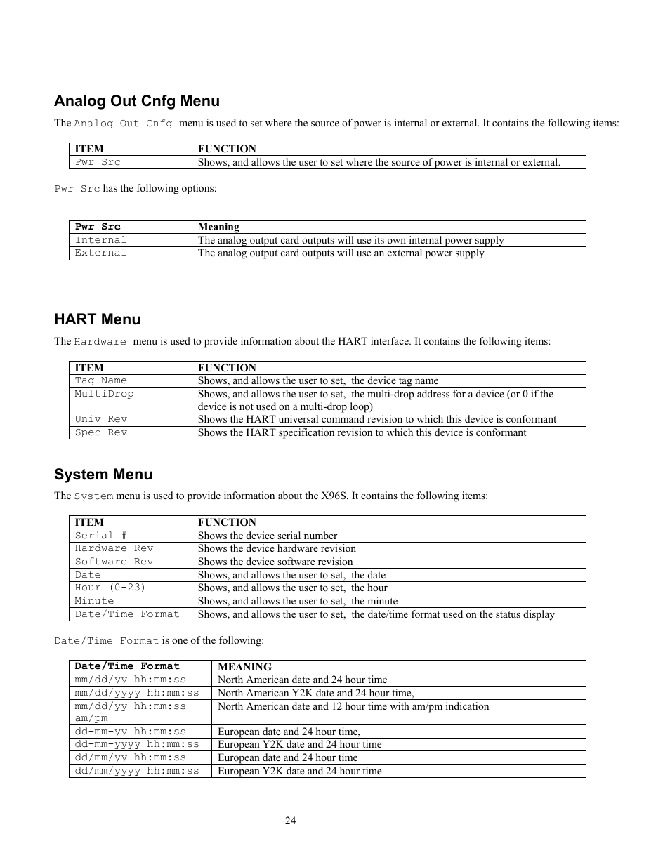Analog out cnfg menu, Hart menu, System menu | Ronan X96S WEIGH SCALE User Manual | Page 28 / 68