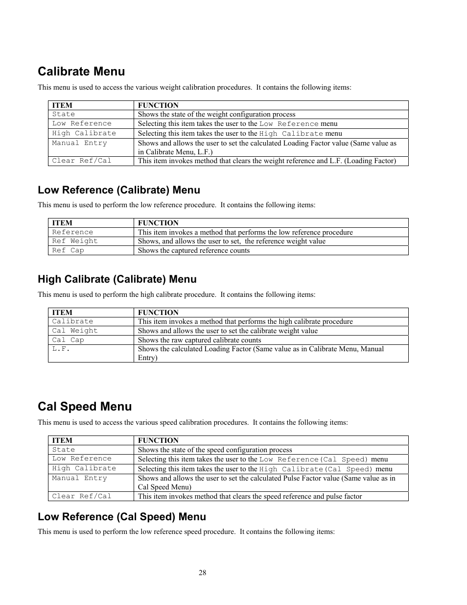 Calibrate menu, Cal speed menu, Low reference (calibrate) menu | High calibrate (calibrate) menu, Low reference (cal speed) menu | Ronan X96S WEIGH SCALE User Manual | Page 32 / 68