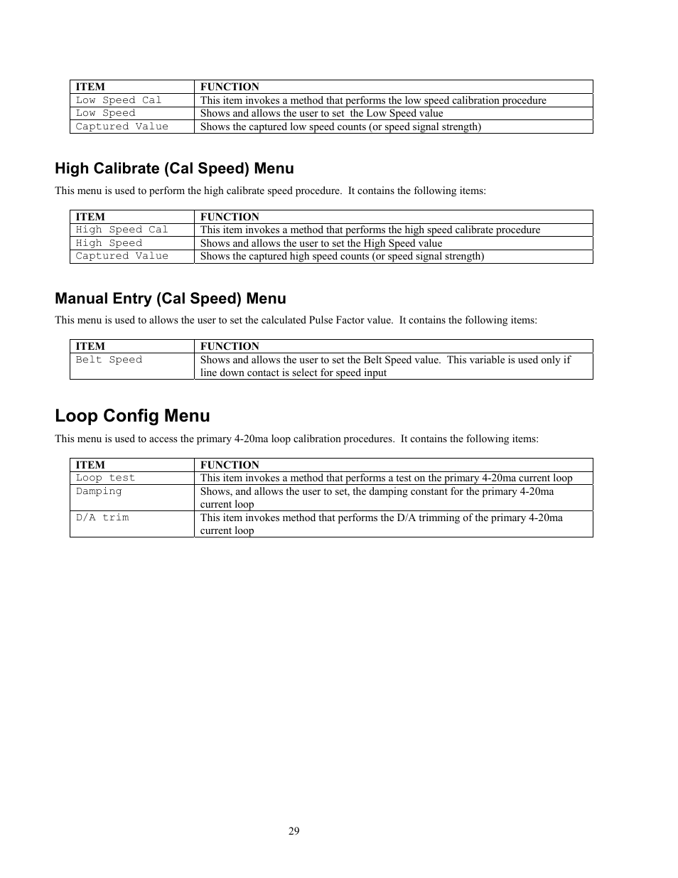 Loop config menu, High calibrate (cal speed) menu, Manual entry (cal speed) menu | Ronan X96S WEIGH SCALE User Manual | Page 33 / 68