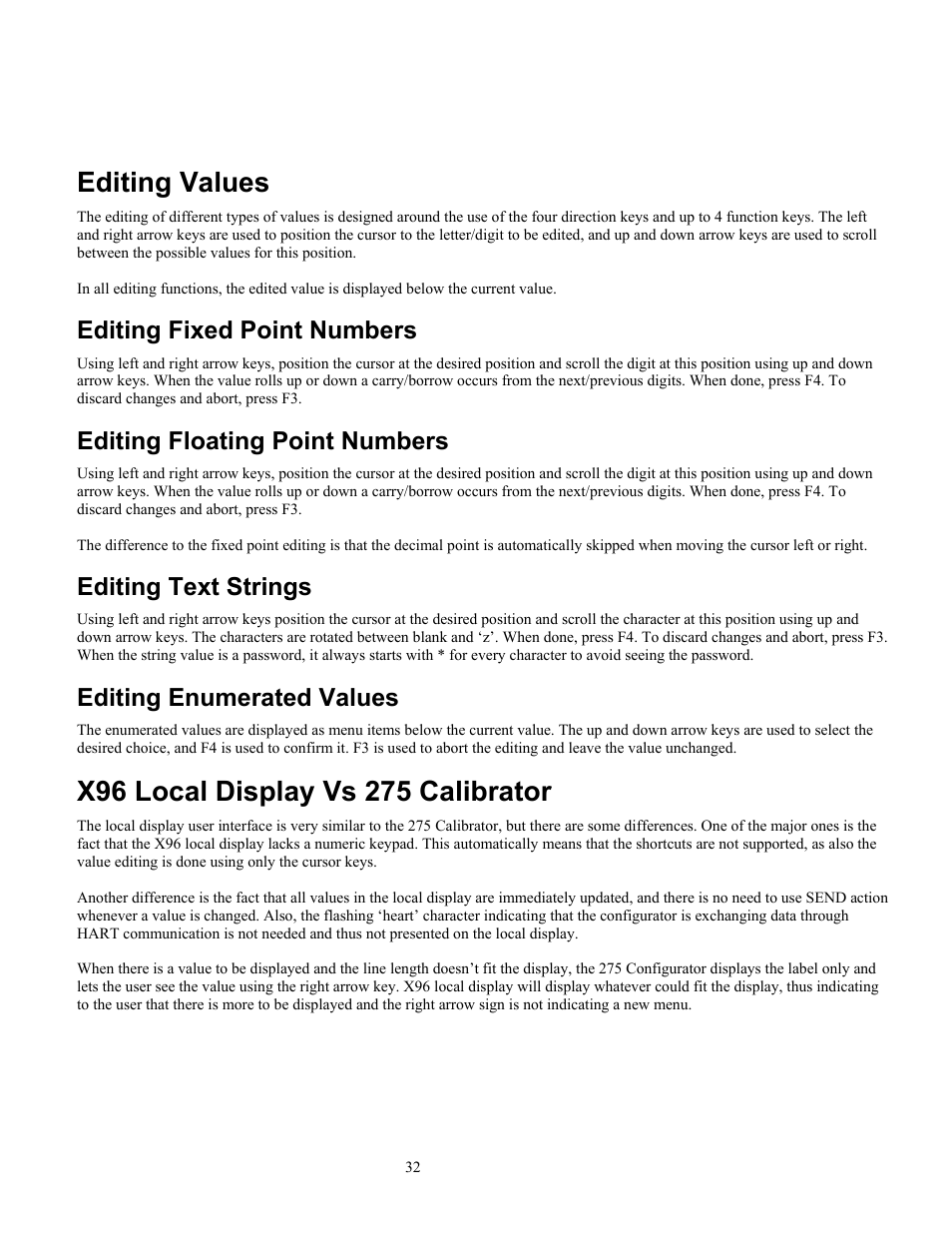 Editing values, Editing fixed point numbers, Editing floating point numbers | Editing text strings, Editing enumerated values | Ronan X96S WEIGH SCALE User Manual | Page 36 / 68