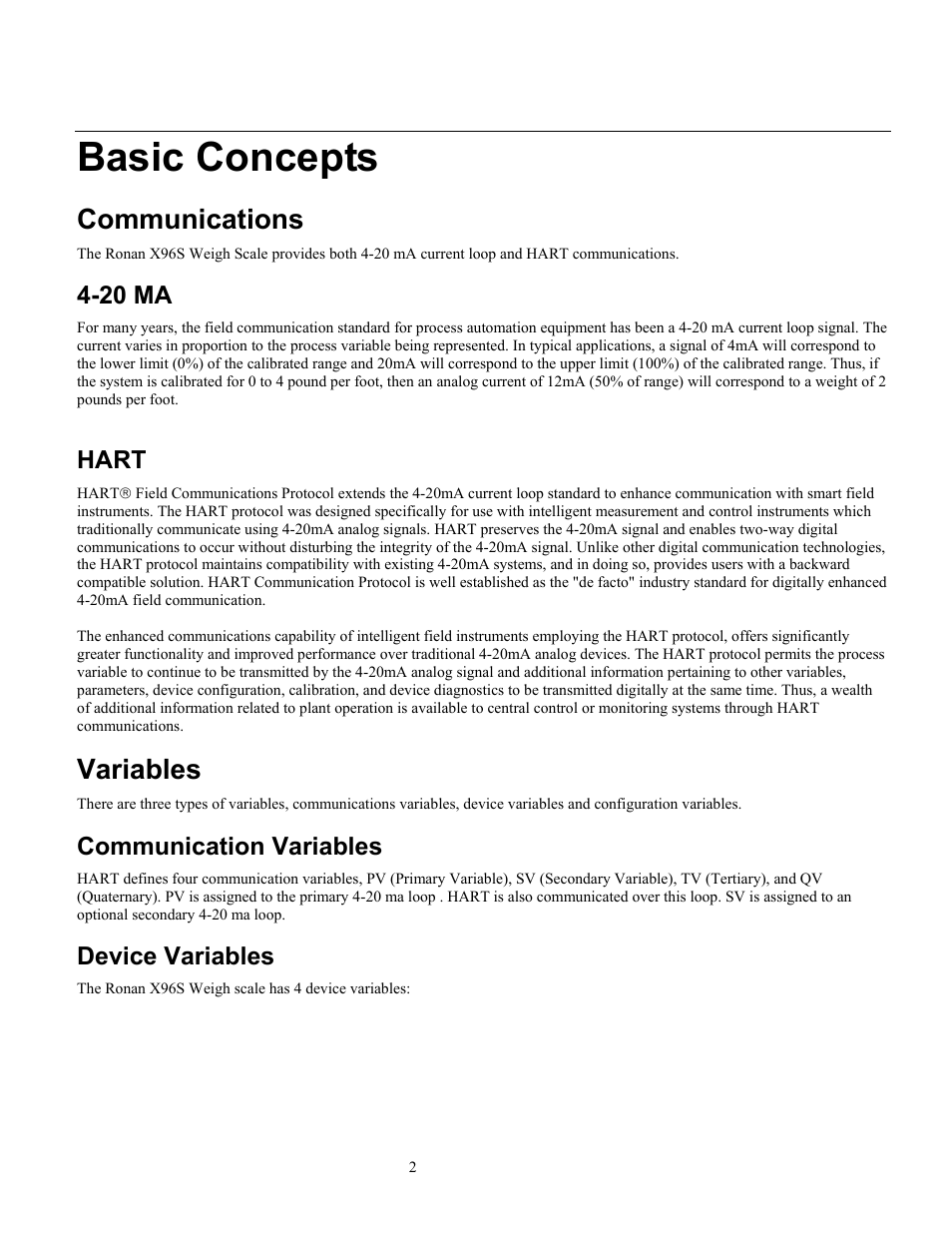 Basic concepts, Communications, Variables | 20 ma, Hart, Communication variables, Device variables | Ronan X96S WEIGH SCALE User Manual | Page 6 / 68