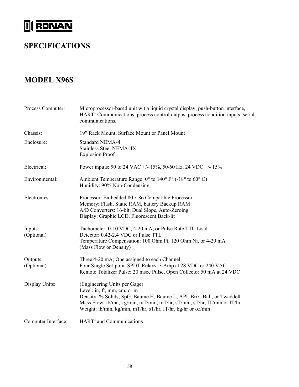 Specifications model x96s | Ronan X96S WEIGH SCALE User Manual | Page 62 / 68