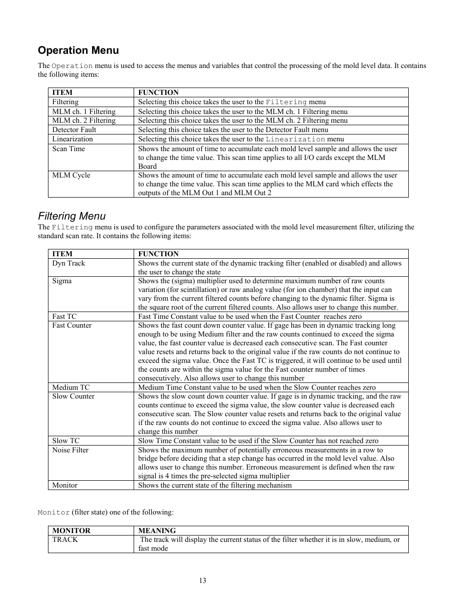 Operation menu, Filtering menu | Ronan X96S MOLD LEVEL GAGE User Manual | Page 17 / 61