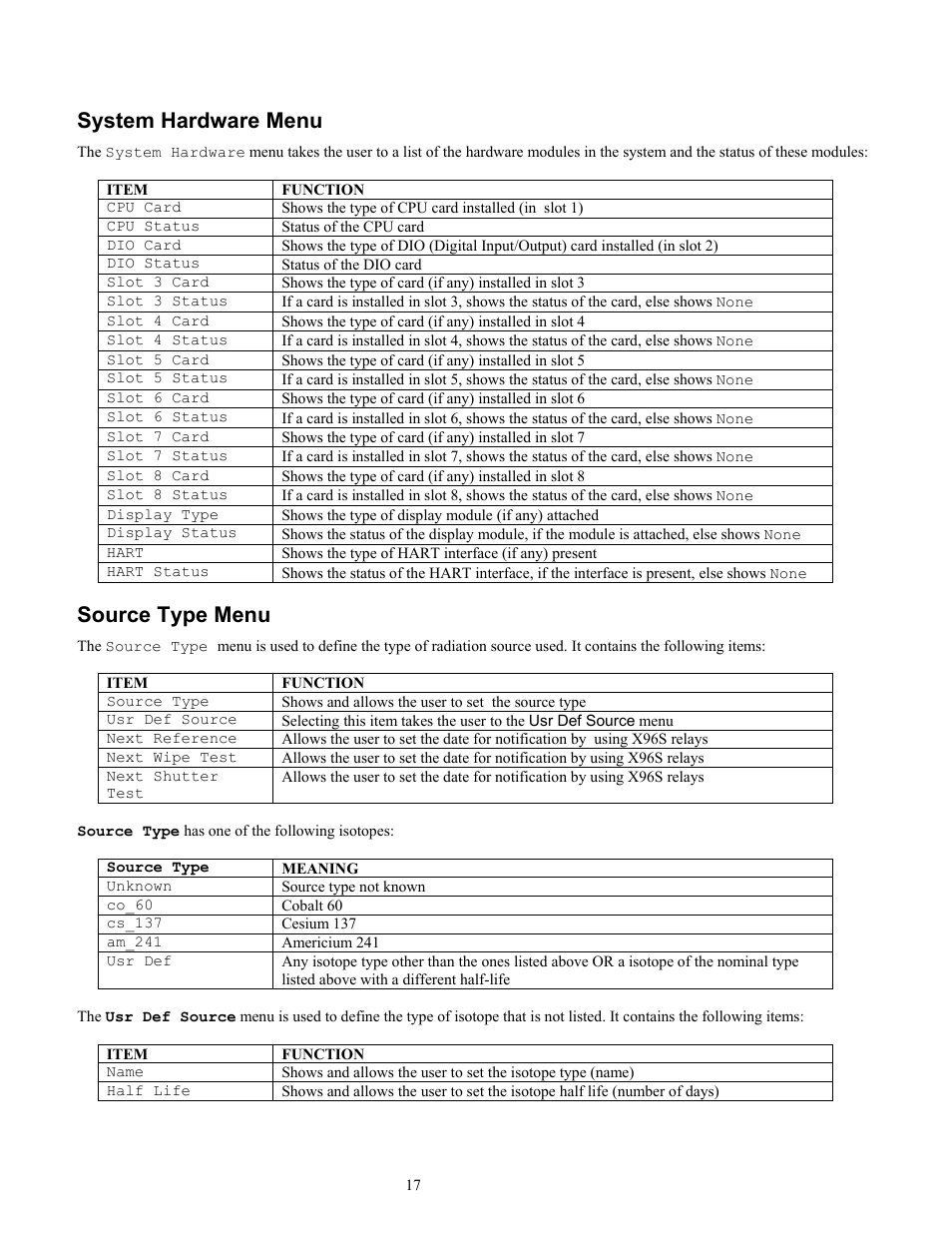 System hardware menu, Source type menu | Ronan X96S MOLD LEVEL GAGE User Manual | Page 21 / 61