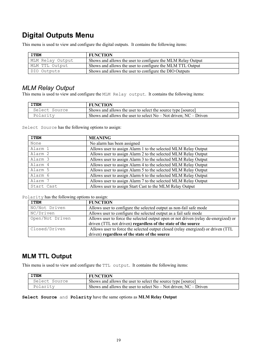 Digital outputs menu, Mlm relay output, Mlm ttl output | Ronan X96S MOLD LEVEL GAGE User Manual | Page 23 / 61