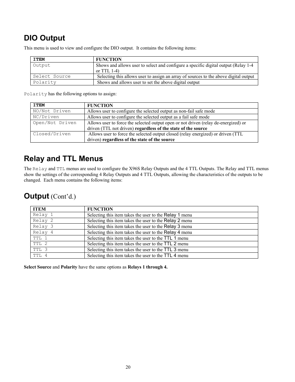 Dio output, Relay and ttl menus, Output | Cont’d.) | Ronan X96S MOLD LEVEL GAGE User Manual | Page 24 / 61