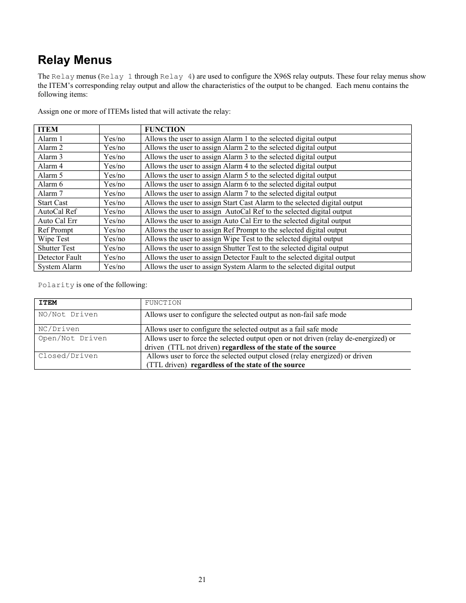 Relay menus | Ronan X96S MOLD LEVEL GAGE User Manual | Page 25 / 61