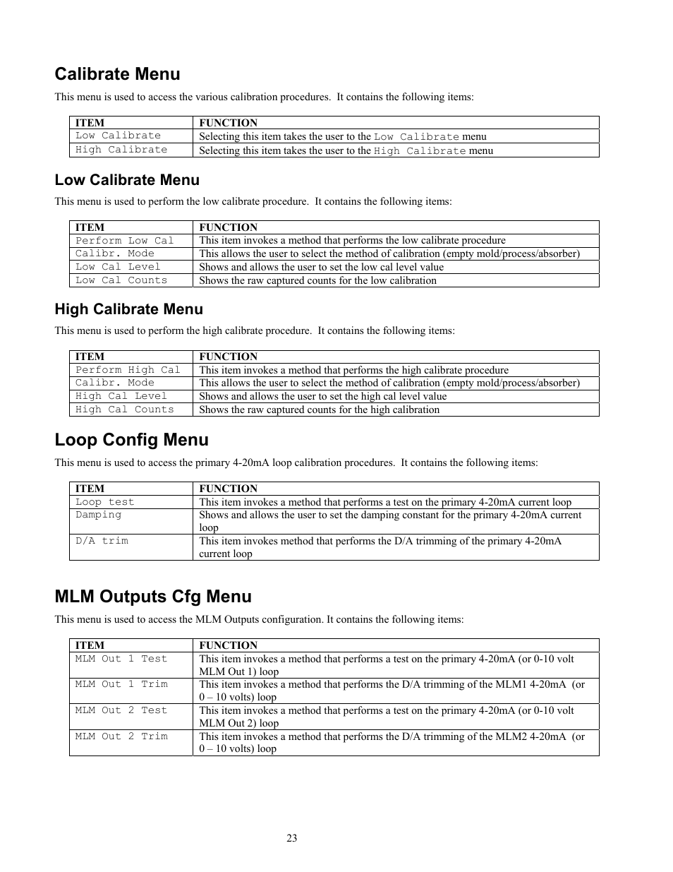 Calibrate menu, Loop config menu, Mlm outputs cfg menu | Low calibrate menu, High calibrate menu | Ronan X96S MOLD LEVEL GAGE User Manual | Page 27 / 61