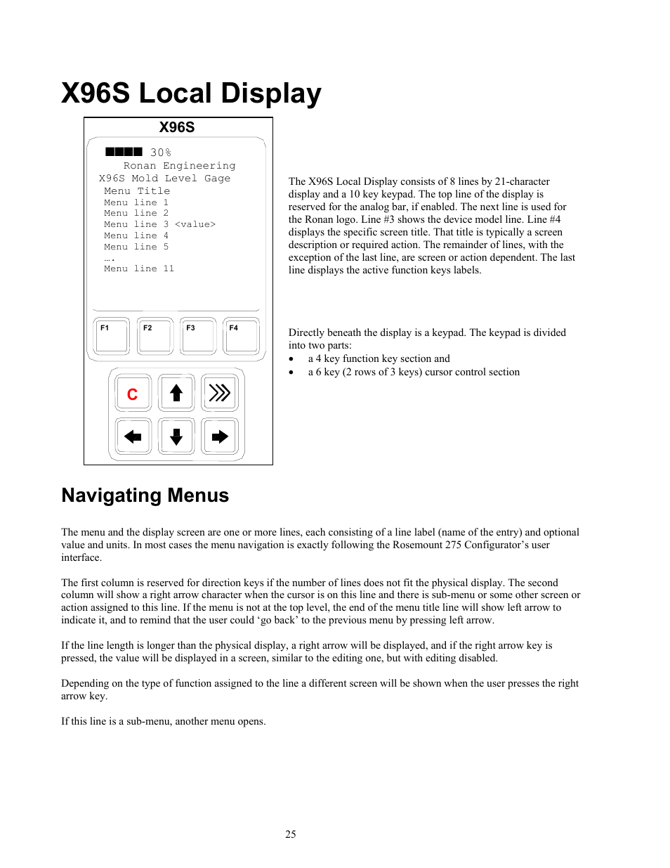 X96s local display, Navigating menus, X96s | Ronan X96S MOLD LEVEL GAGE User Manual | Page 29 / 61