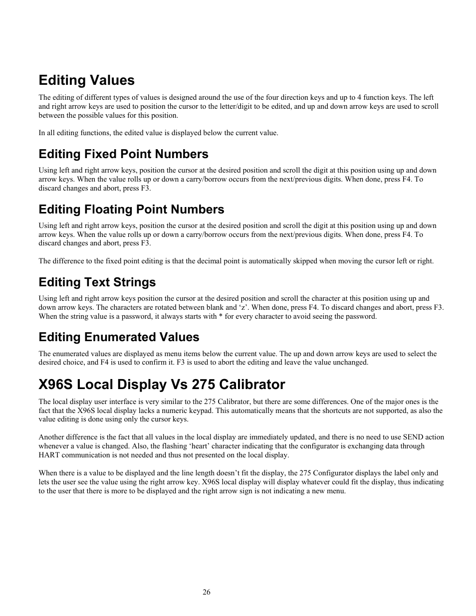 Editing values, Editing fixed point numbers, Editing floating point numbers | Editing text strings, Editing enumerated values | Ronan X96S MOLD LEVEL GAGE User Manual | Page 30 / 61