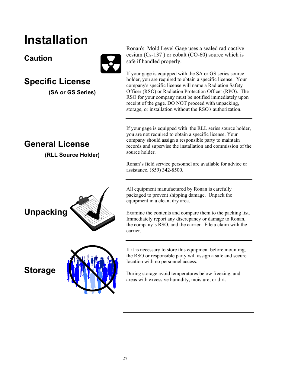 Installation, Specific license, General license | Unpacking storage | Ronan X96S MOLD LEVEL GAGE User Manual | Page 31 / 61