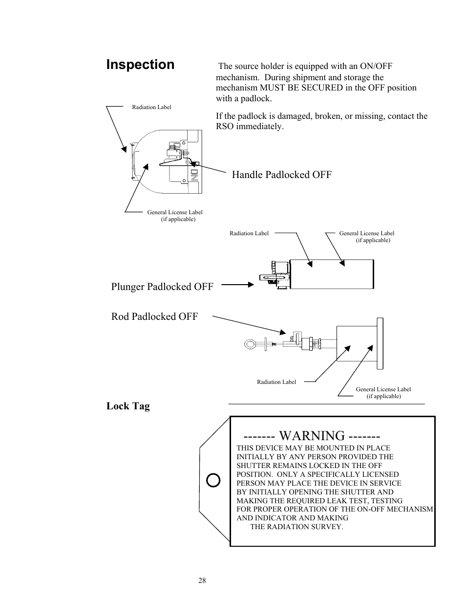 Inspection, Warning, Handle padlocked off | Plunger padlocked off rod padlocked off, Lock tag | Ronan X96S MOLD LEVEL GAGE User Manual | Page 32 / 61