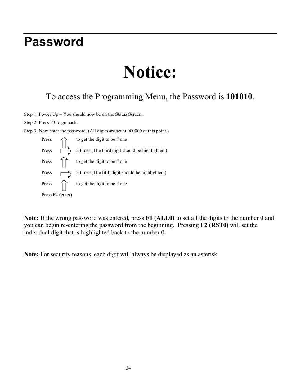 Notice, Password | Ronan X96S MOLD LEVEL GAGE User Manual | Page 38 / 61