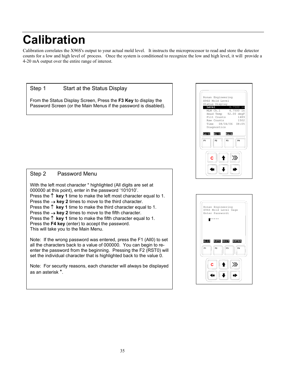 Calibration, Step 1 start at the status display, Step 2 password menu | Ronan X96S MOLD LEVEL GAGE User Manual | Page 39 / 61