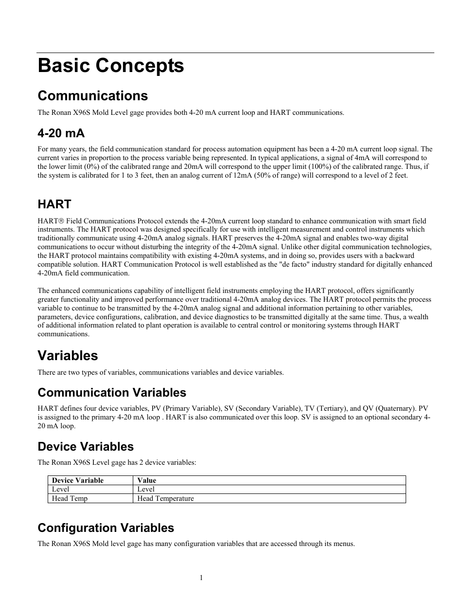 Basic concepts, Communications, Variables | 20 ma, Hart, Communication variables, Device variables, Configuration variables | Ronan X96S MOLD LEVEL GAGE User Manual | Page 5 / 61