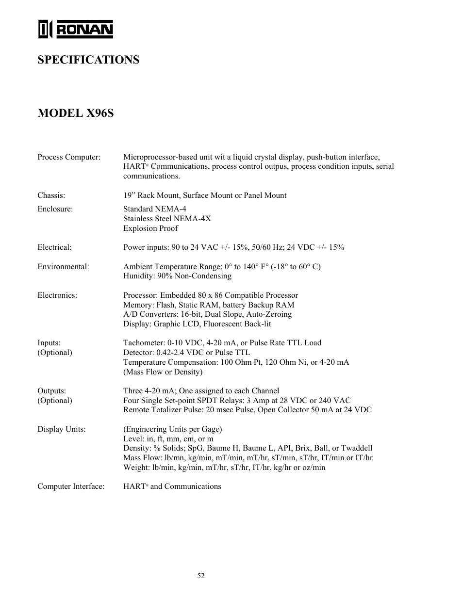 Specifications model x96s | Ronan X96S MOLD LEVEL GAGE User Manual | Page 56 / 61