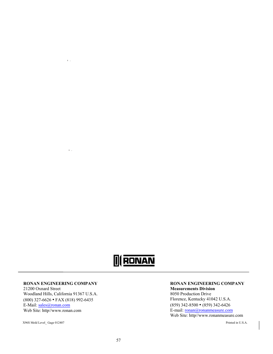 Ronan X96S MOLD LEVEL GAGE User Manual | Page 61 / 61