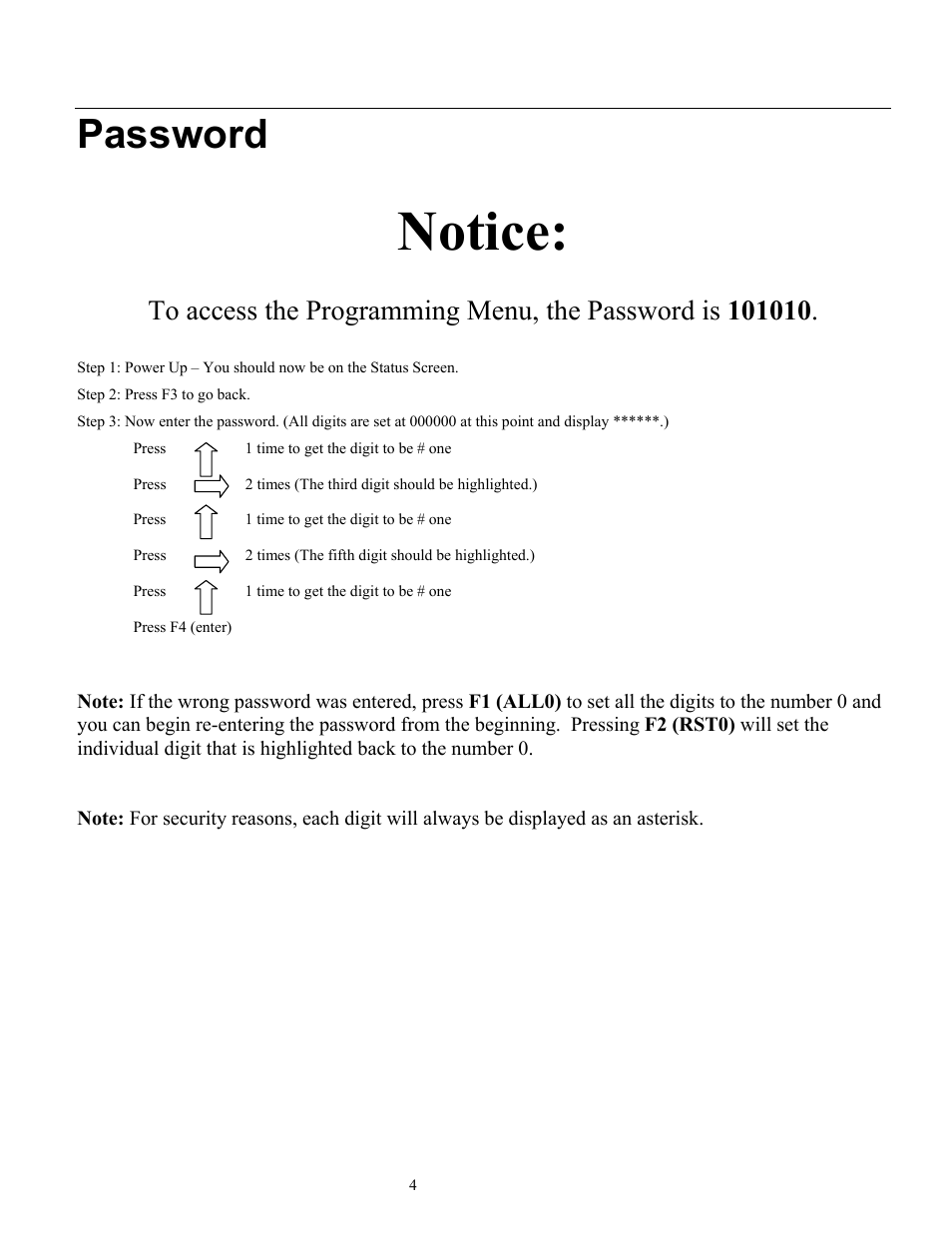 Notice, Password | Ronan X96S MOLD LEVEL GAGE User Manual | Page 8 / 61