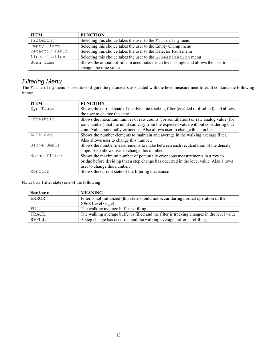 Filtering menu | Ronan X96S LEVEL GAGE User Manual | Page 17 / 56