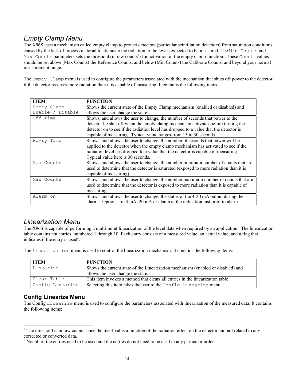 Empty clamp menu, Linearization menu | Ronan X96S LEVEL GAGE User Manual | Page 18 / 56