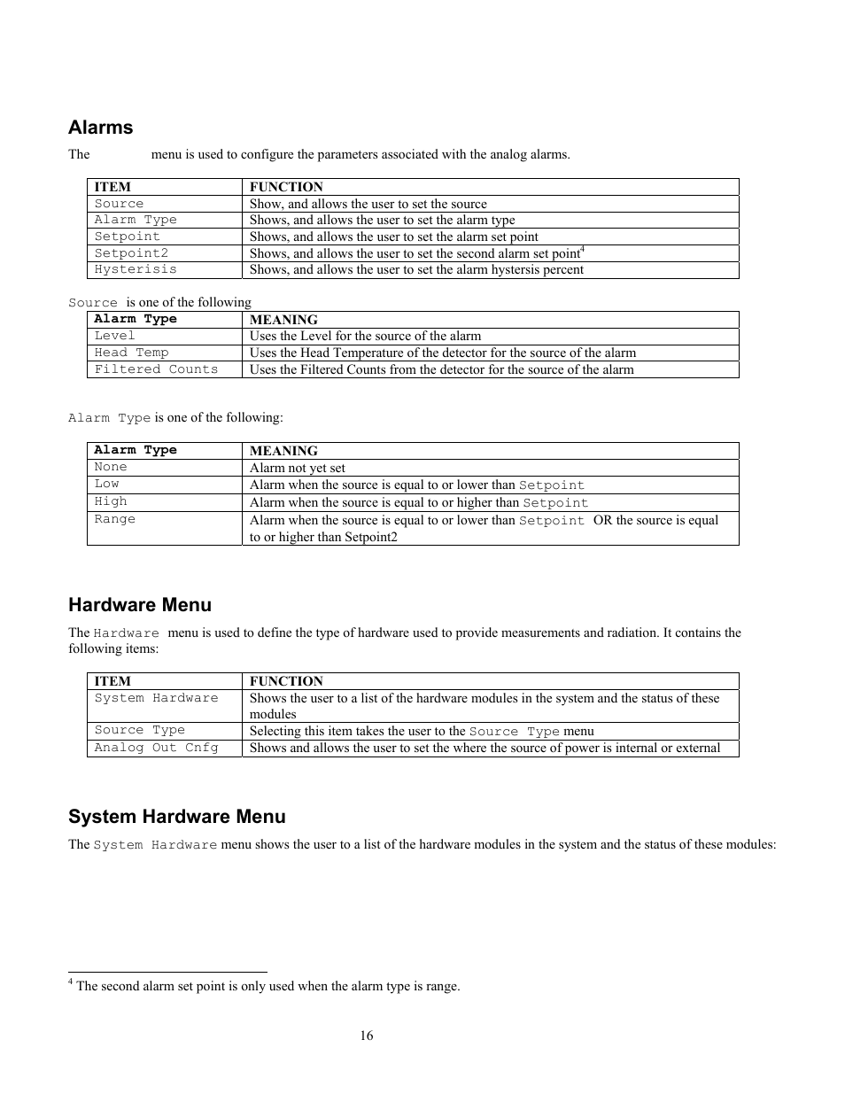 Alarms, Hardware menu, System hardware menu | Ronan X96S LEVEL GAGE User Manual | Page 20 / 56