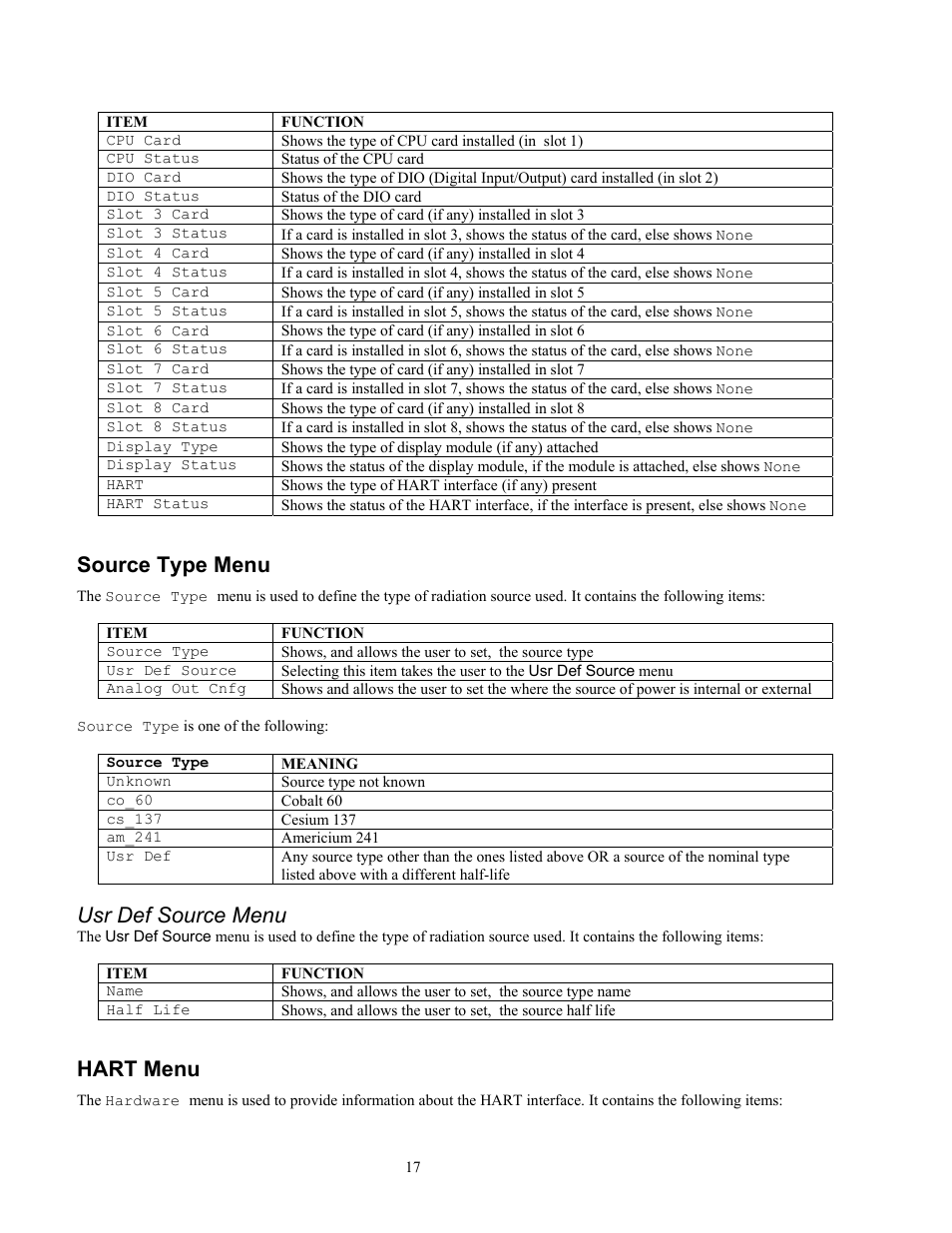 Source type menu, Usr def source menu, Hart menu | Ronan X96S LEVEL GAGE User Manual | Page 21 / 56