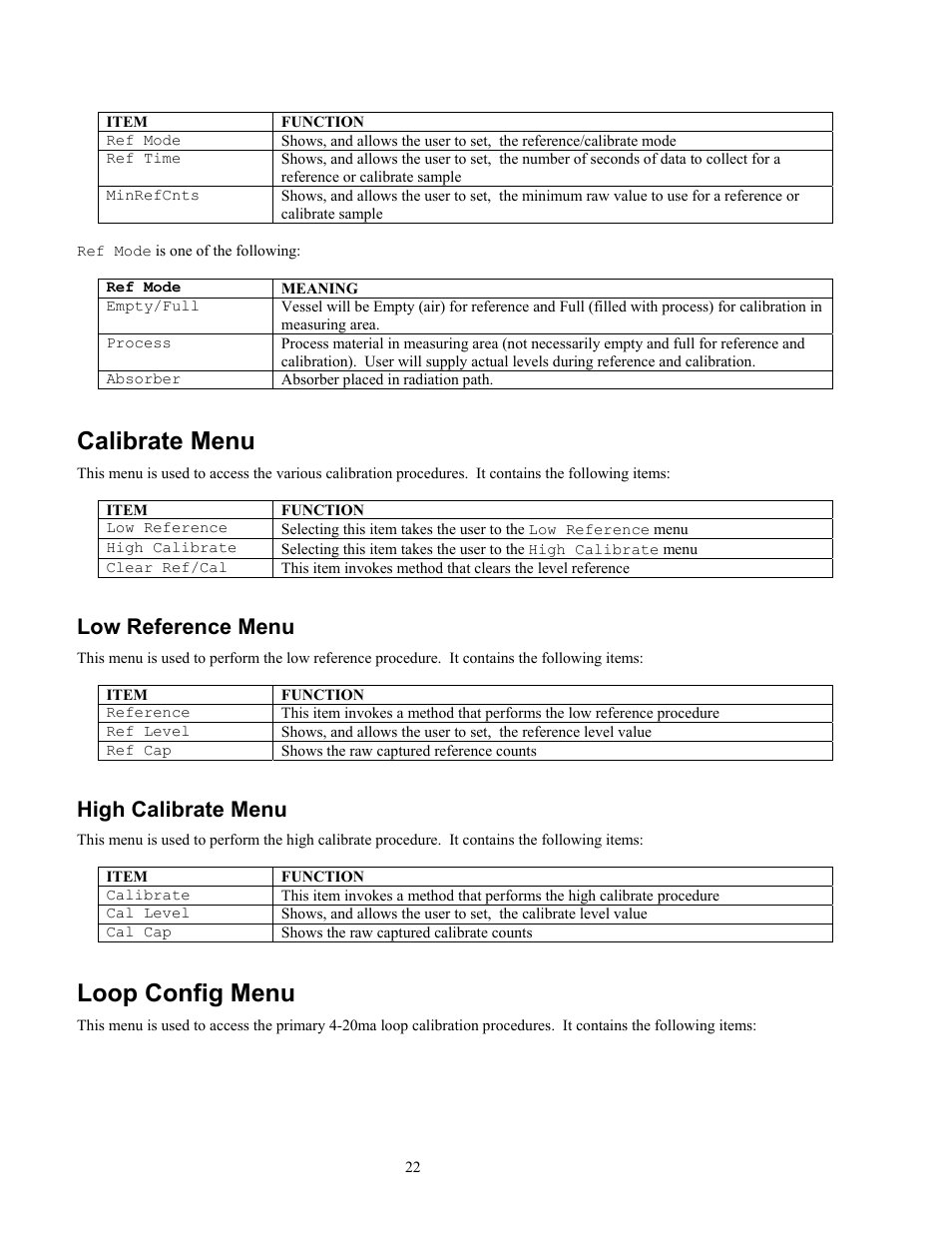 Calibrate menu, Loop config menu, Low reference menu | High calibrate menu | Ronan X96S LEVEL GAGE User Manual | Page 26 / 56