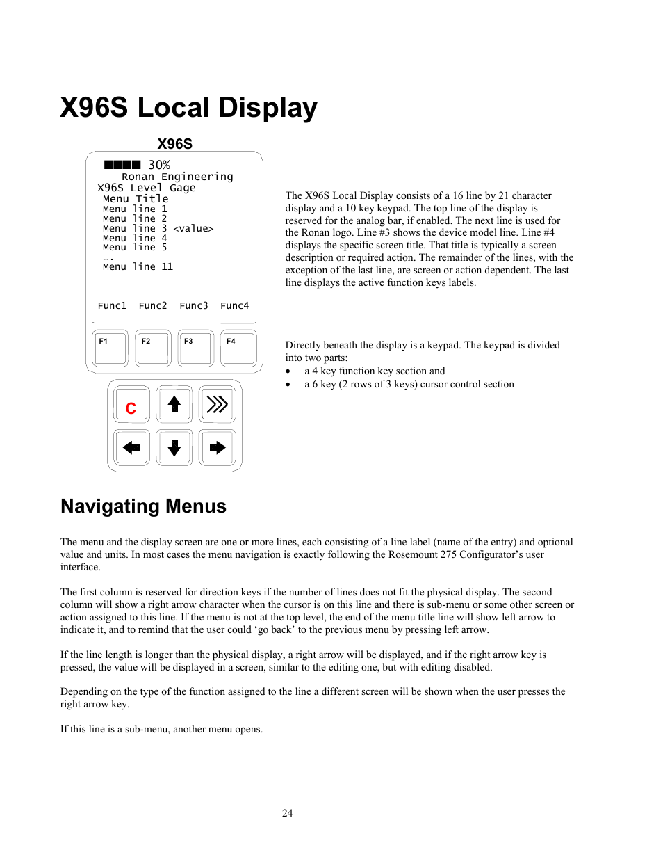 X96s local display, Navigating menus, X96s | Ronan X96S LEVEL GAGE User Manual | Page 28 / 56