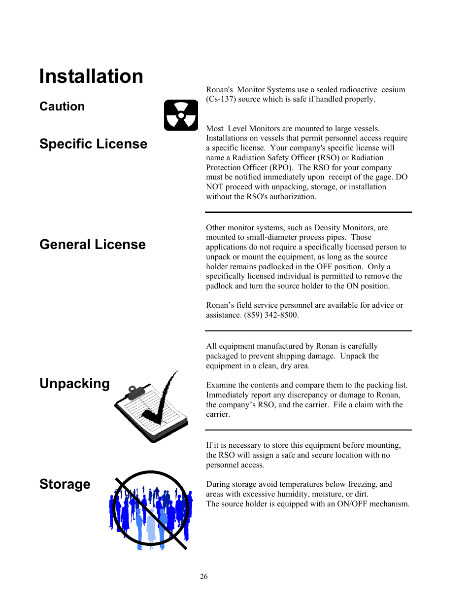 Installation, Specific license general license unpacking storage | Ronan X96S LEVEL GAGE User Manual | Page 30 / 56
