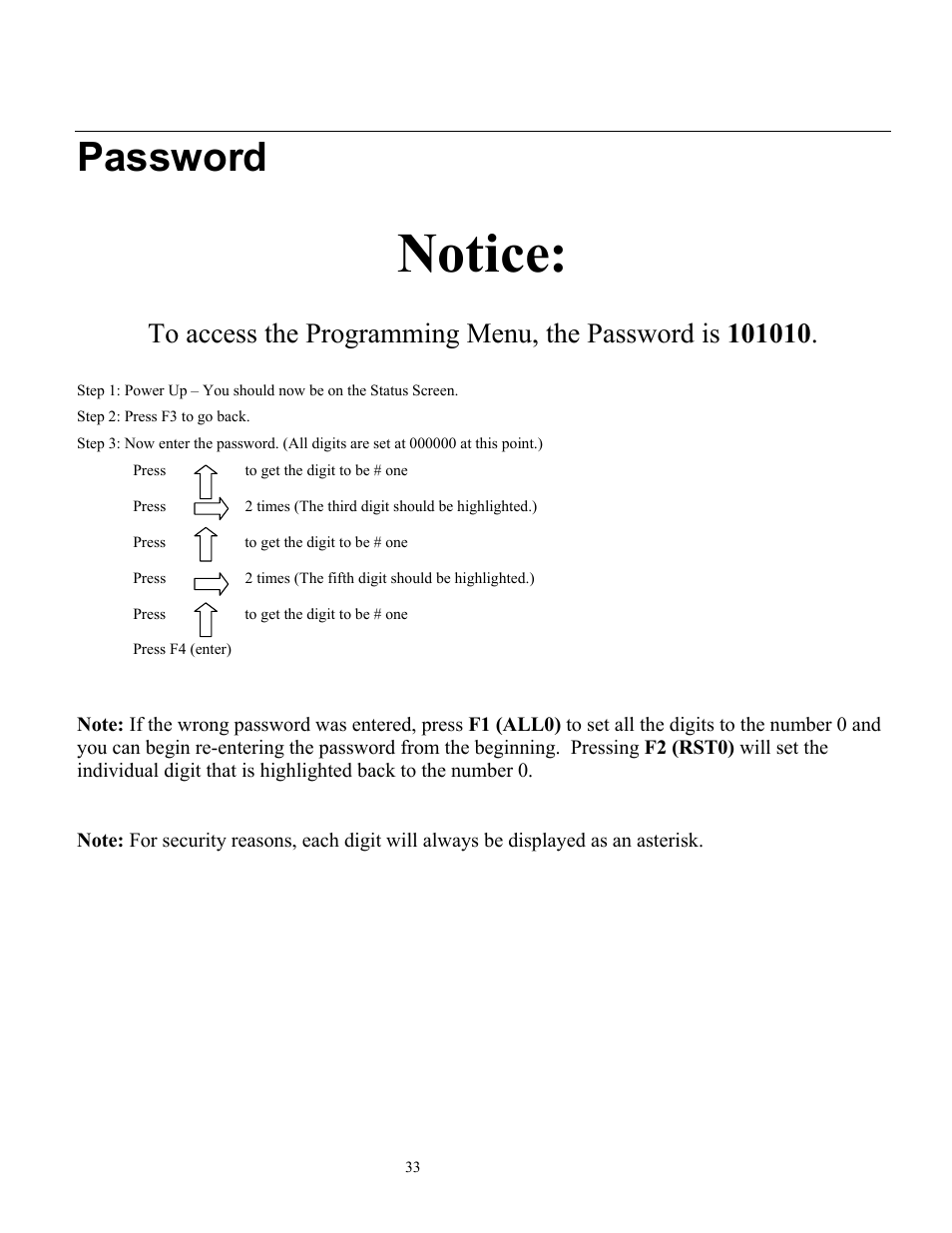 Notice, Password | Ronan X96S LEVEL GAGE User Manual | Page 37 / 56