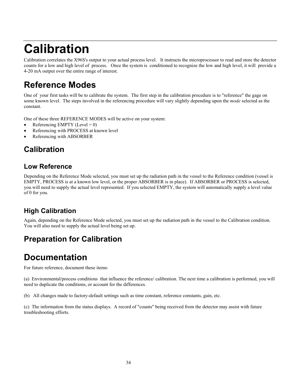 Calibration, Reference modes, Documentation | Preparation for calibration | Ronan X96S LEVEL GAGE User Manual | Page 38 / 56