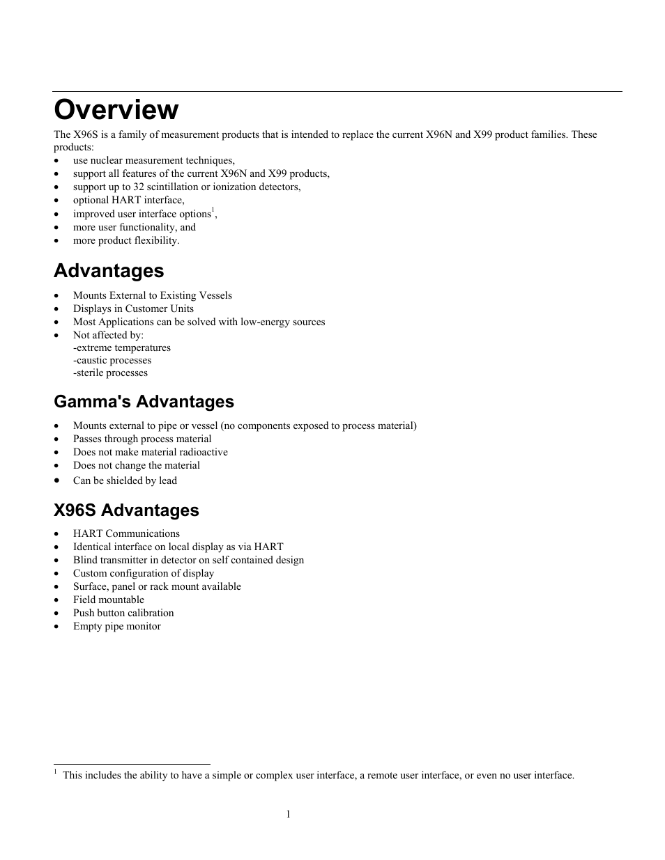 Overview, Advantages, Gamma's advantages | X96s advantages | Ronan X96S LEVEL GAGE User Manual | Page 5 / 56