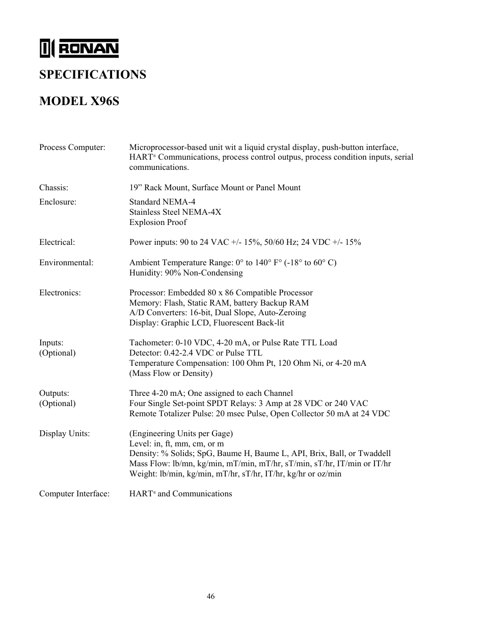 Specifications model x96s | Ronan X96S LEVEL GAGE User Manual | Page 50 / 56