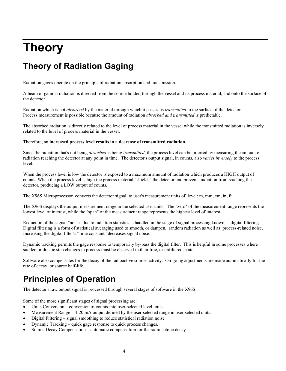Theory, Theory of radiation gaging, Principles of operation | Ronan X96S LEVEL GAGE User Manual | Page 8 / 56