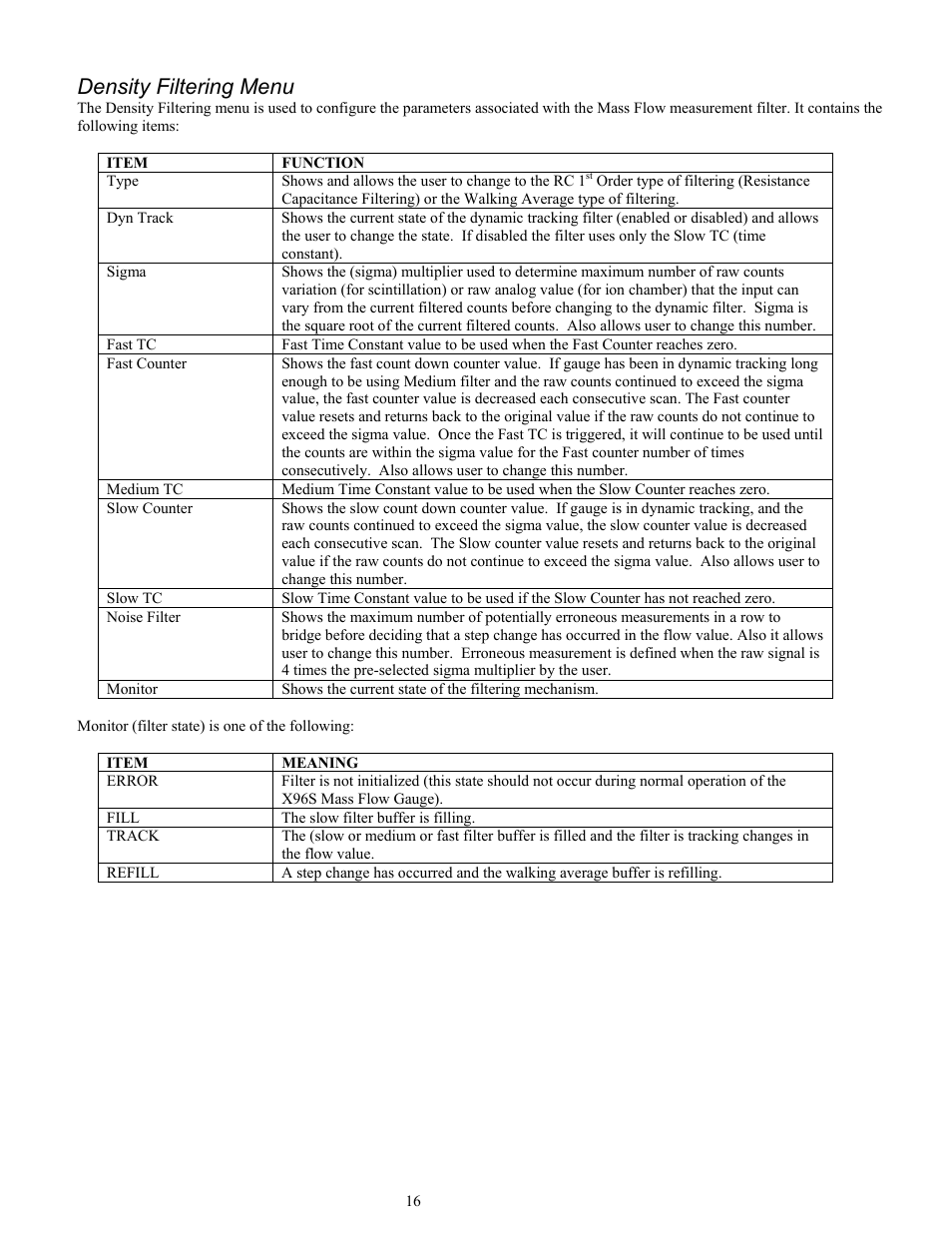 Density filtering menu | Ronan X96S MASS FLOW GAUGE User Manual | Page 20 / 77