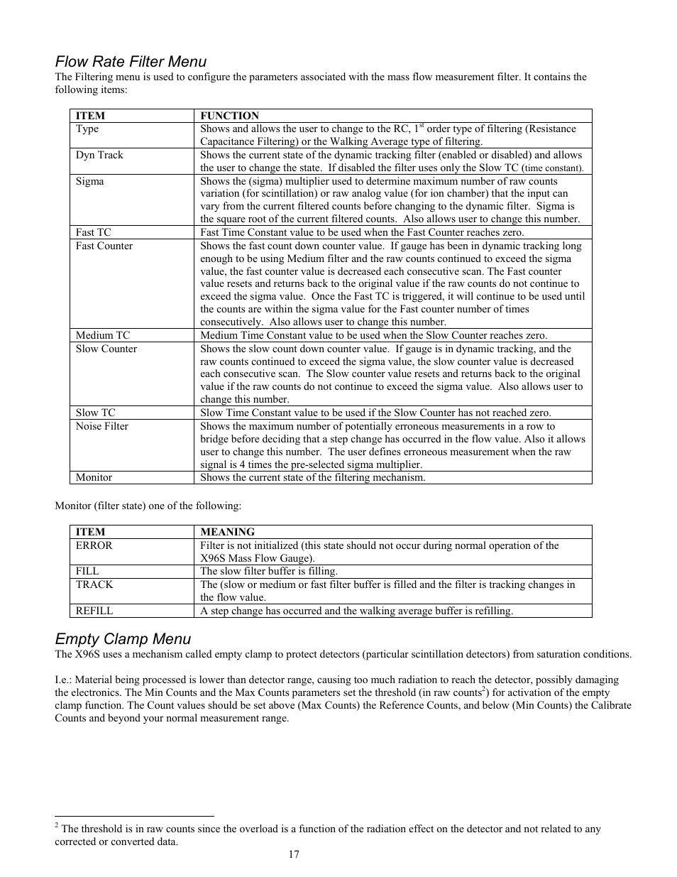 Flow rate filter menu, Empty clamp menu | Ronan X96S MASS FLOW GAUGE User Manual | Page 21 / 77