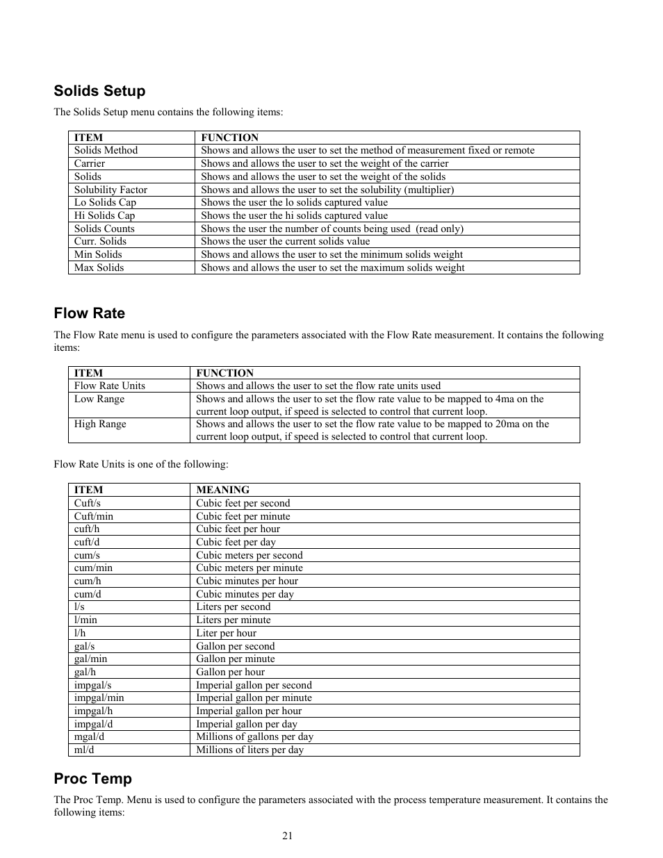 Solids setup, Flow rate, Proc temp | Ronan X96S MASS FLOW GAUGE User Manual | Page 25 / 77