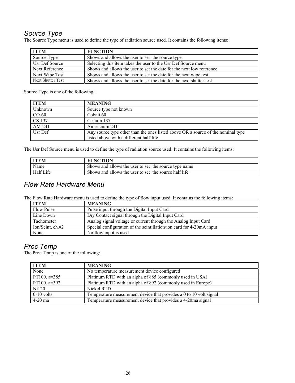 Source type, Flow rate hardware menu, Proc temp | Ronan X96S MASS FLOW GAUGE User Manual | Page 30 / 77