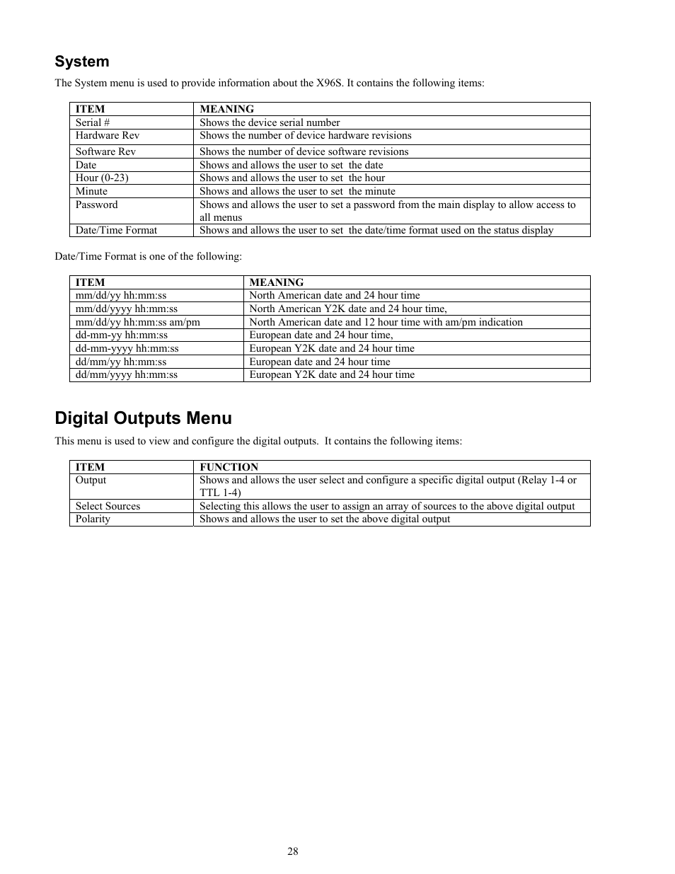 Digital outputs menu, System | Ronan X96S MASS FLOW GAUGE User Manual | Page 32 / 77