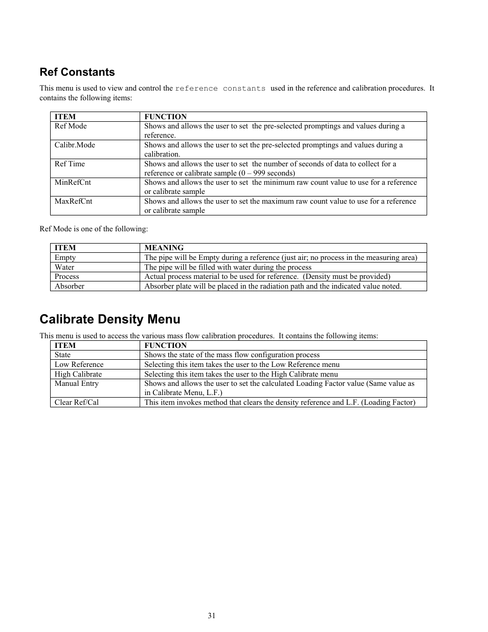 Calibrate density menu, Ref constants | Ronan X96S MASS FLOW GAUGE User Manual | Page 35 / 77